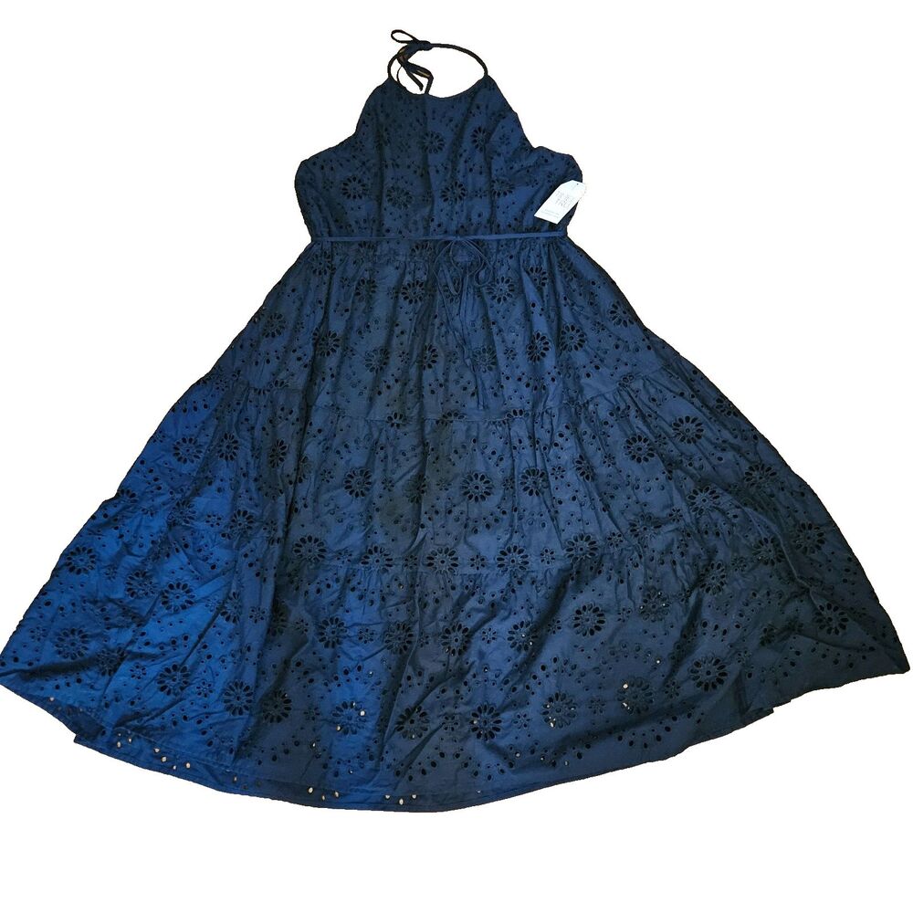 NWT Time & Tru Eyelet Halter Midi Dress Navy Blue Women Sz XXXL (22) Tiers Boho